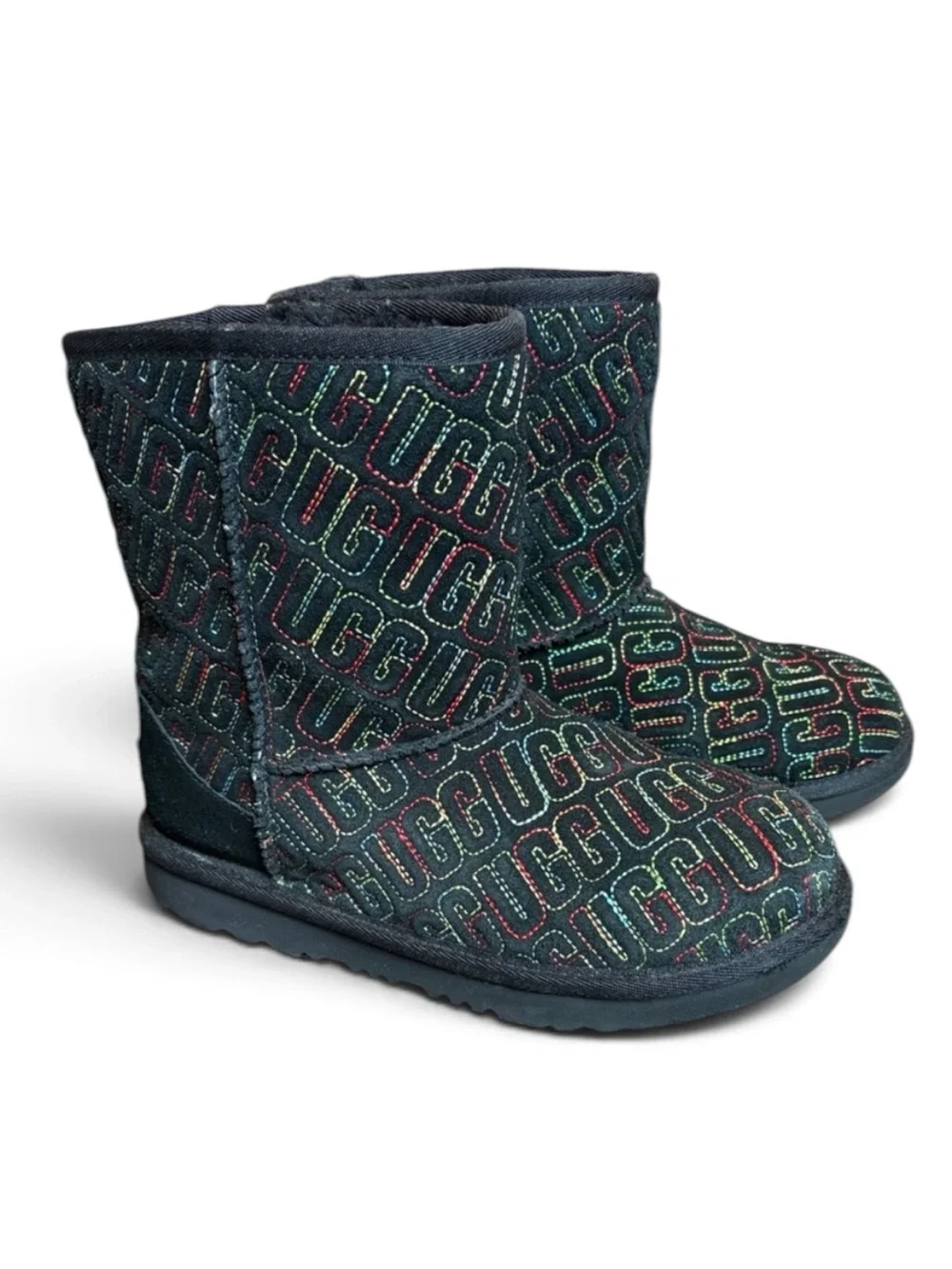 UGG Kids' Classic II Graphic Stitch Boots Black Multi-Color Logo Size 4